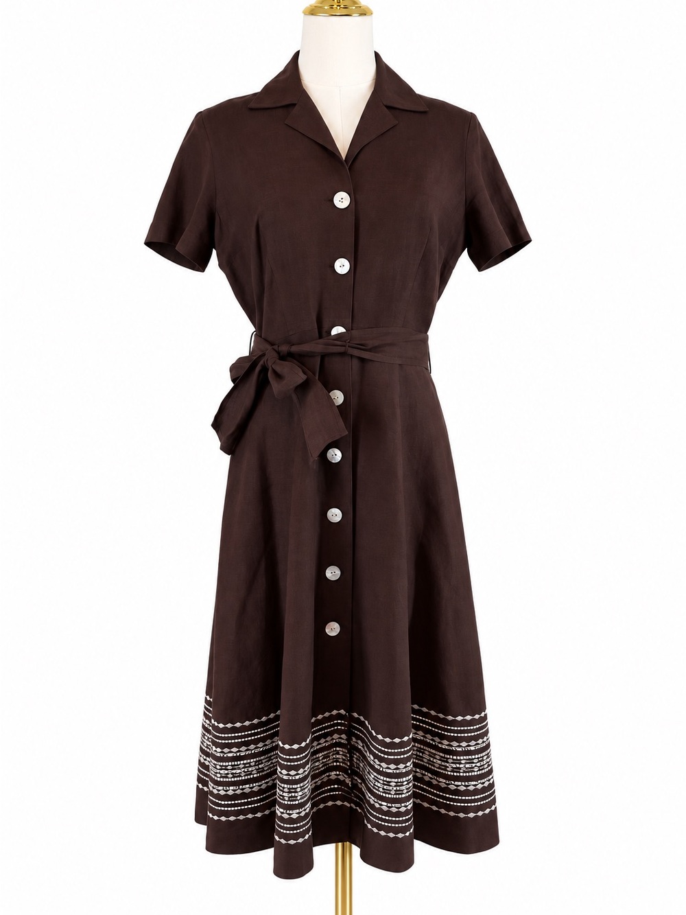 Vintage 90s Positive Attitude Petite Brown Linen Embroidered Midi Dress 6P